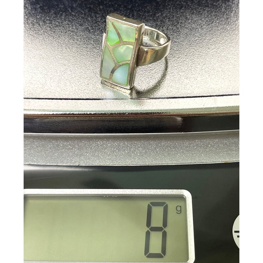 VTG Sterling Silver 925 Mother of Pearl Inlay Ring Iridescent Green White Sz 8.5 - Picture 12 of 15